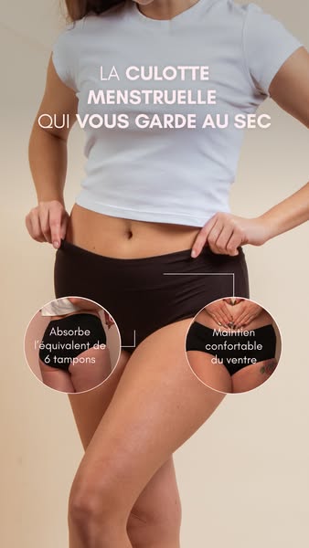 This ad promotes menstrual underwear. It highlights two key features: that it absorbs the equivalent of six tampons, and