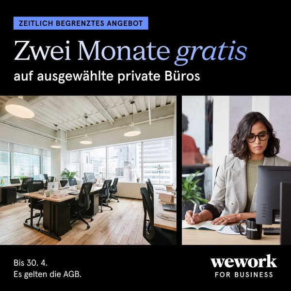 This ad is for WeWork and promotes a limited time offer of two months free on select private offices.