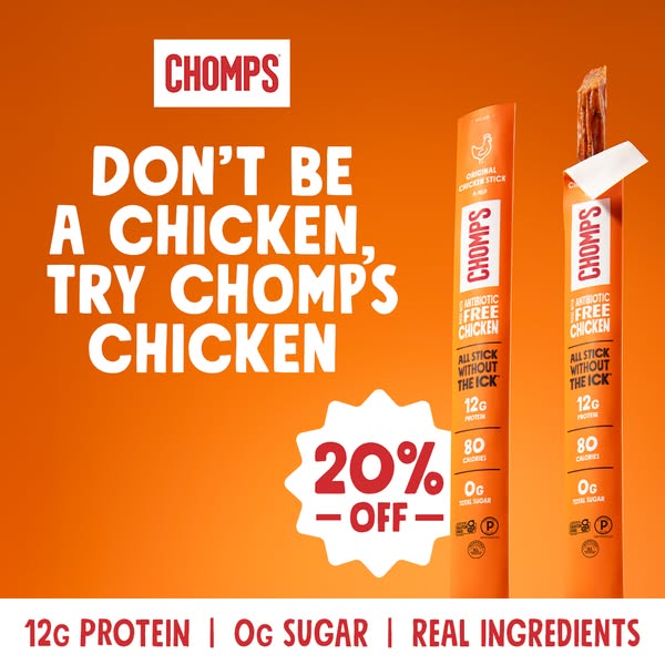 This ad for Chomps brand chicken snack sticks uses a single product shot and minimal text to convey the offer of 20% off