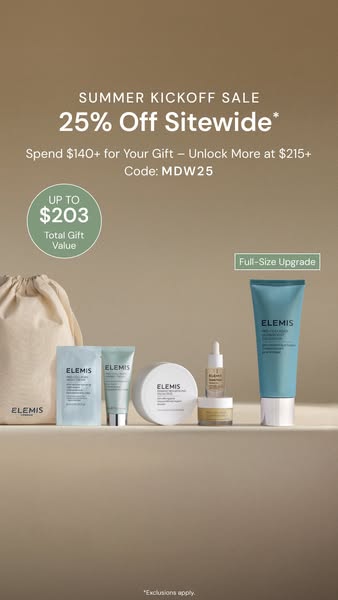 An image ad for Elemis promoting a Summer Kickoff Sale with a site wide discount of 25% off and a gift with purchase for