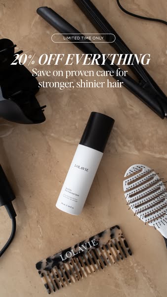 An image ad promoting a 20% off everything sale at LOLAVIE, a hair care brand. The ad features a neutral color palette a