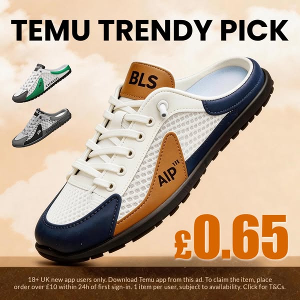This ad for Temu features a trendy slip-on shoe in a cream and navy colorway with a brown accent piece. Additional produ