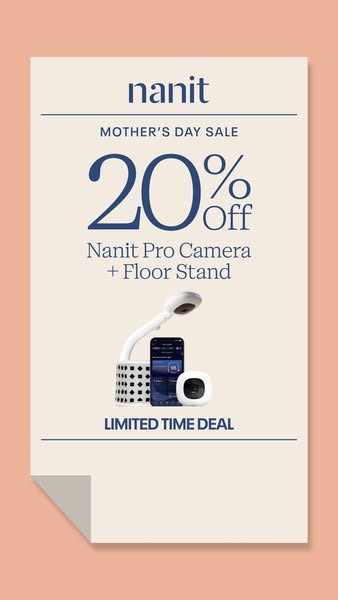 This ad promotes Nanit's Pro Camera and Floor Stand as part of a Mother's Day sale. It features a 20% discount a