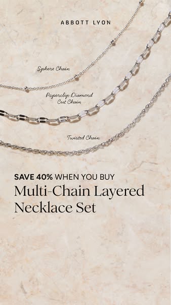 This ad features Abbott Lyon jewelry, showcasing the brand's multi-chain layered necklace set. It highlights the pro