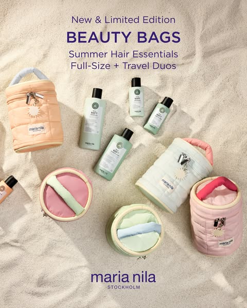 This ad promotes Maria Nila beauty bags filled with summer hair essentials in full and travel sizes.