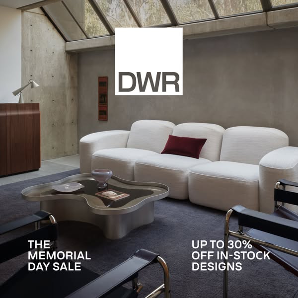 This ad for Design Within Reach features a living room set and promotes a sale for Memorial Day.