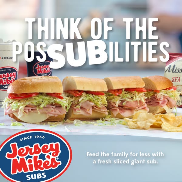 This ad showcases multiple Jersey Mike's subs and promotes the idea of feeding the family for less with a fresh slic