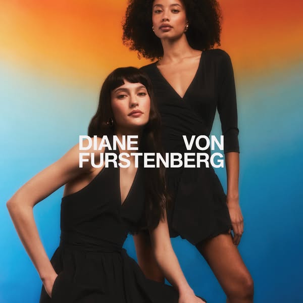 An image ad for Diane von Furstenberg apparel featuring two female models wearing black dresses.
