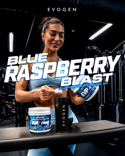 This Evogen image ad features a woman in a workout setting preparing a Blue Raspberry Blast flavored drink. The ad highl