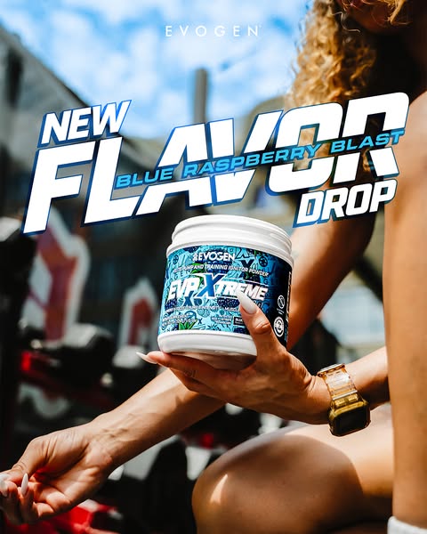 This image ad promotes Evogen's EVP Xtreme pre-workout powder in the new Blue Raspberry Blast flavor. The ad feature