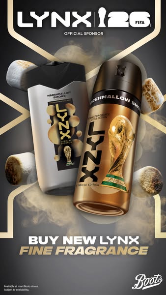 This ad features Lynx's 'Marshmallow Smoke' fragrance collection, emphasizing its status as an official spon