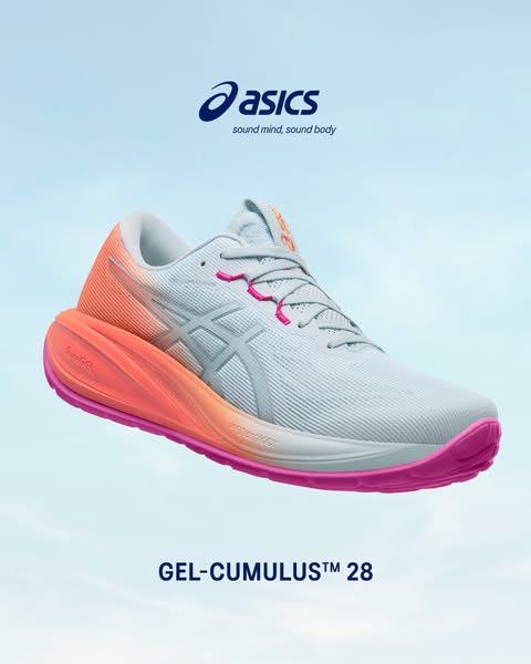 This ad showcases the GEL-CUMULUS™ 28 running shoe by ASICS. The shot features the shoe in mid-air against a blue gradie