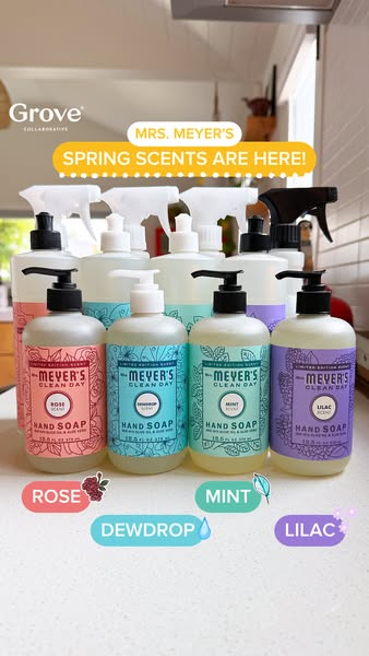 This ad is showcasing Mrs. Meyer's Clean Day hand soaps in the spring scents of Rose, Dewdrop, Mint, and Lilac.  The