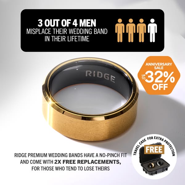 This image ad promotes Ridge wedding bands as a solution for men who tend to misplace their rings. It highlights the pro