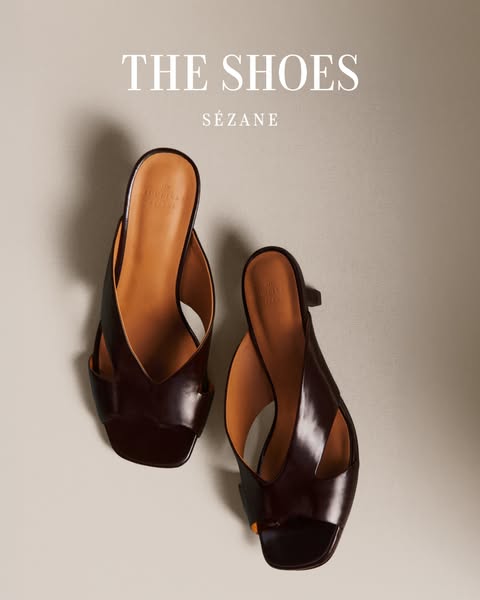 This image ad showcases brown leather heeled sandals from the brand Sézane. The image is styled with warm tones and soft