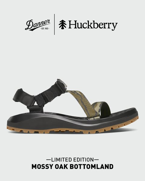 This ad showcases the Mossy Oak Bottomland edition of the Danner and Huckberry collaboration sandal, featuring a neutral