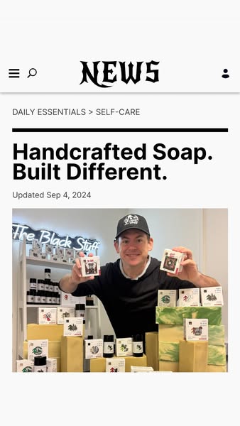 An image ad presenting The Black Stuff handcrafted soaps and other self-care products. The ad is designed to look like a