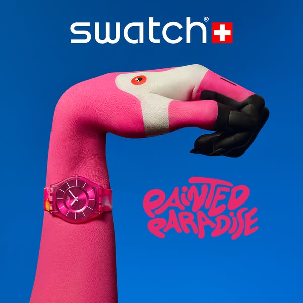 This ad for Swatch features an arm painted to look like a flamingo holding its wrist up to showcase a pink Swatch watch.