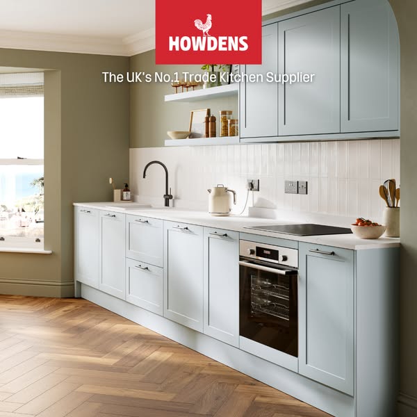 This image promotes Howden's as the UK's number one trade kitchen supplier. It showcases a kitchen with light bl
