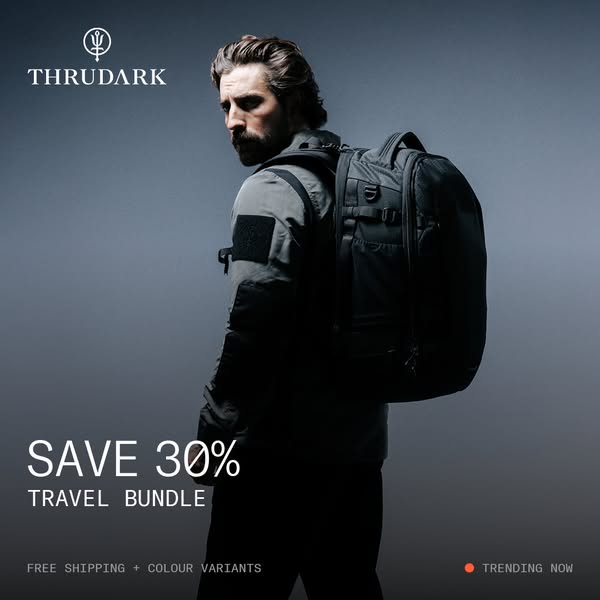This ad features a man wearing a tactical jacket and carrying a THRU DARK travel backpack. It promotes a 30% discount on
