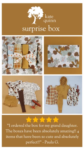 This image ad for Kate Quinn features a customer testimonial and showcases a surprise box of clothing items.