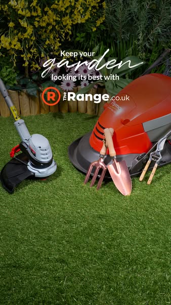 This image ad showcases a variety of lawn care products from The Range, including a lawnmower, a trimmer, and hand tools