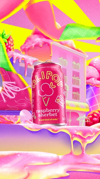 This ad features a vibrant, animated backdrop with neon colors and stylized illustrations. In the foreground is a can of