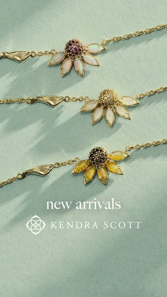 This image ad for Kendra Scott showcases their new arrivals of necklaces with a flower pendant. The ad is designed to be
