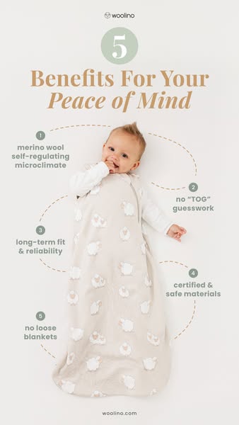 This image ad showcases the Woolino sleep sack and highlights 5 benefits of the product, including the merino wool self-