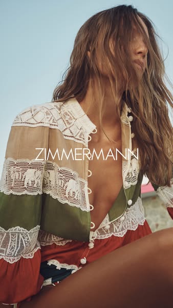 This Zimmerman ad features a woman wearing a button-down dress. The brand logo is visible on the dress.