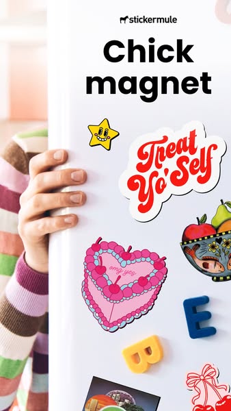 This ad showcases magnets from Sticker Mule. A person is seen holding a white refrigerator door with magnets on it. The 