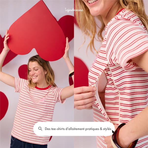 This image ad features a woman wearing a striped shirt and highlights the shirt's functionality for nursing mothers.