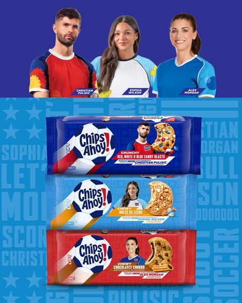 Ad for Chips Ahoy! cookies featuring sports stars Christian Pulisic, Sophia Wilson, and Alex Morgan on limited edition p