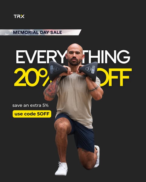 This TRX ad promotes a Memorial Day sale with a discount of 20% on everything, plus an extra 5% off with a provided code