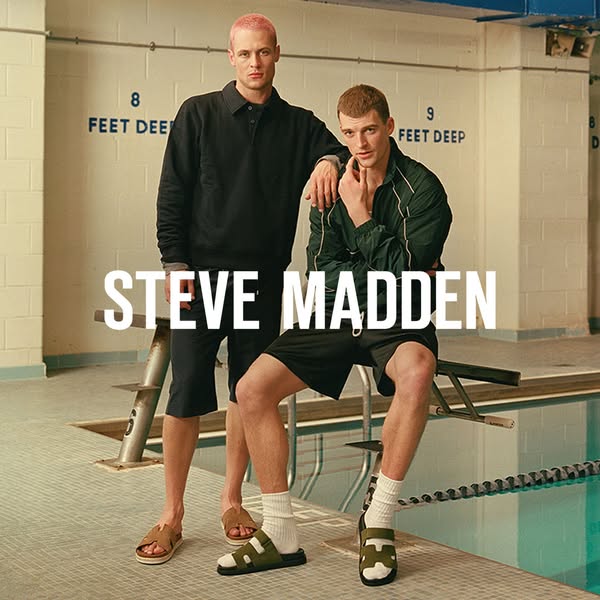 This image ad showcases two male models wearing Steve Madden sandals in what appears to be a locker room or pool setting