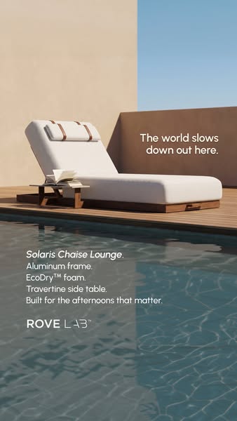 This ad for Rove Concepts features a single Solaris Chaise Lounge next to a pool. The ad copy highlights its aluminum fr