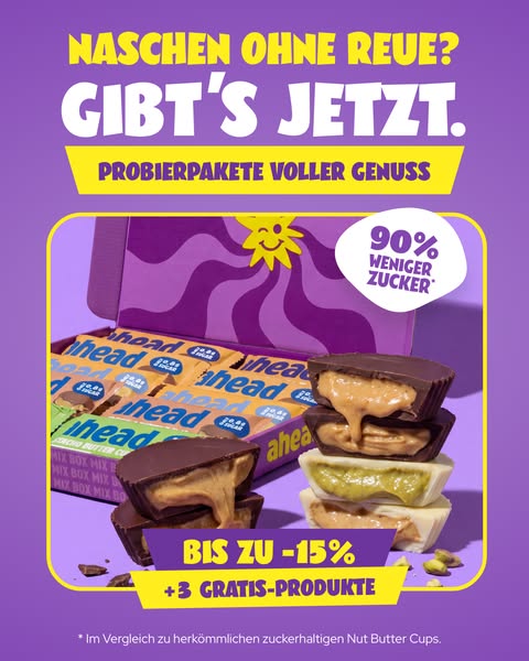 This image ad for Ahead candy promotes a variety pack of nut butter cups with reduced sugar. The ad highlights that the 
