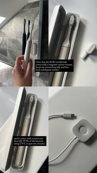 This ad features a split-screen format, showcasing a toothbrush in various settings and emphasizing its countertop clean