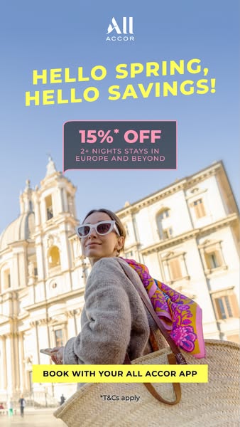 This ad for ALL Accor promotes a spring travel offer. The image shows a woman in a European city, with text highlighting