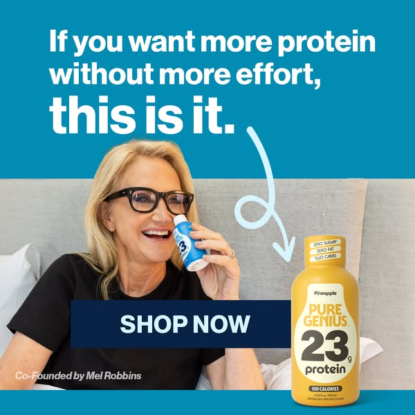 This image ad promotes Pure Genius protein shakes as a quick and easy way to get more protein without more effort. The a