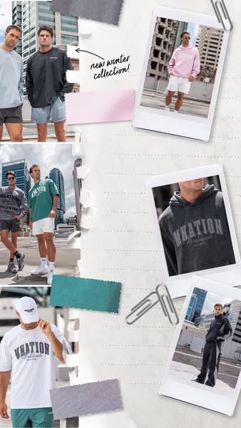 This ad showcases a variety of different products from the brand MNATION. The ad resembles a mood board, with different 