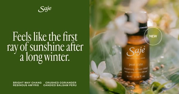 This image ad promotes Saje's 'peak state' sharpening diffuser blend, positioning it as a refreshing and rev