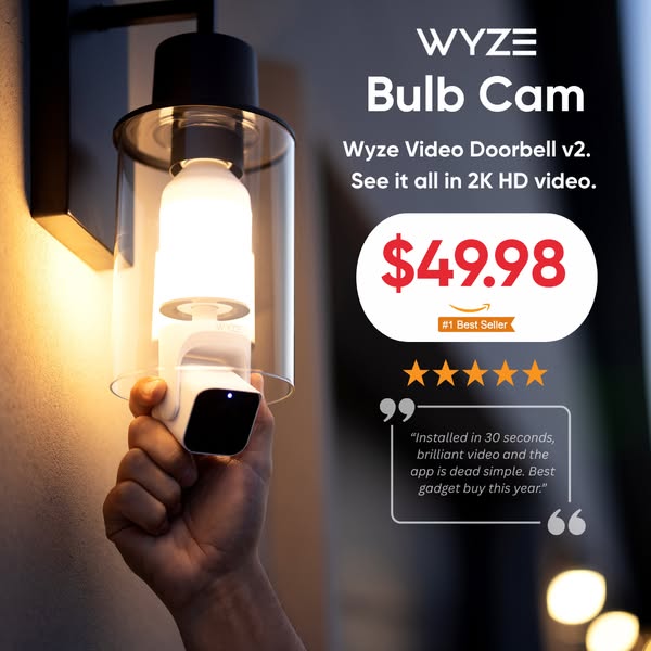 This ad promotes the Wyze Bulb Cam, highlighting its 2K HD video quality, easy installation, and user-friendly app. It u