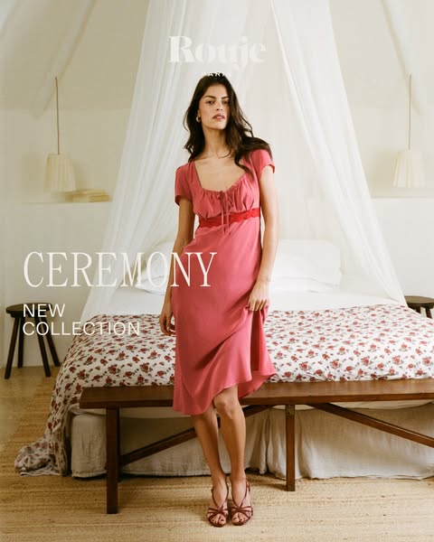 This image ad showcases a Rouje dress from their new collection, "Ceremony." It features a model wearing the d
