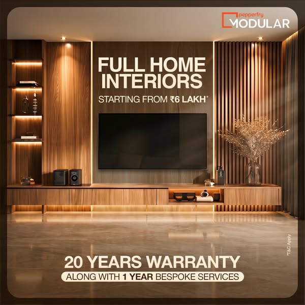 This ad promotes Pepperfry Modular, highlighting their full home interior design services. The ad emphasizes a 20-year w