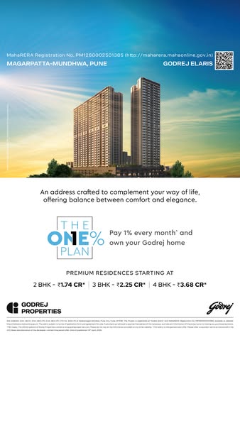 This image ad for Godrej Elaris promotes its premium residences with a special payment plan. The ad features a modern re