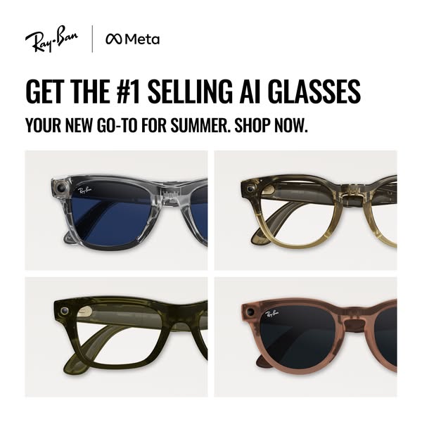 This Ray-Ban Meta ad features four different color variations of AI glasses and entices the user to shop now.