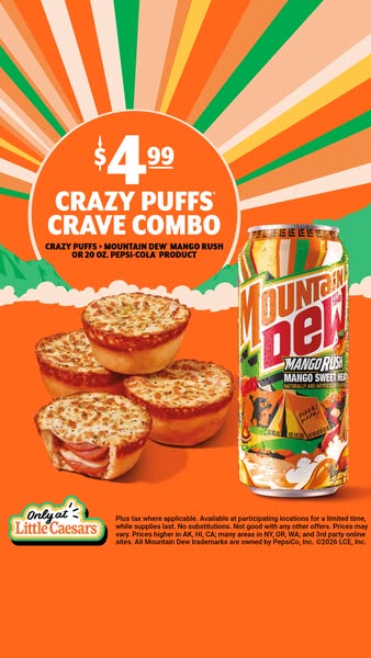 This image ad for Little Caesars promotes the Crazy Puffs Crave Combo, featuring Crazy Puffs paired with Mountain Dew Ma