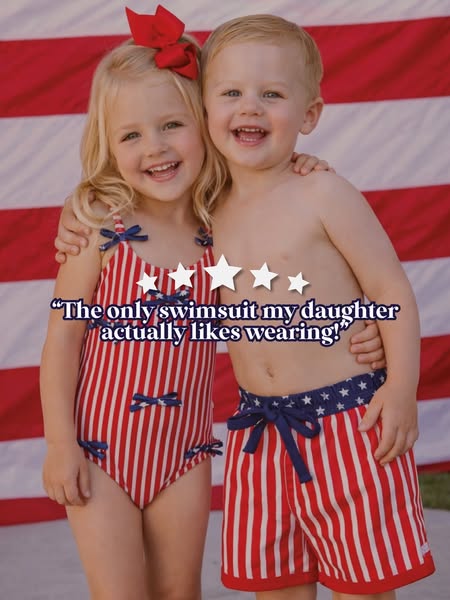 This ad features two young children wearing patriotic-themed swimwear. The ad highlights a customer testimonial praising