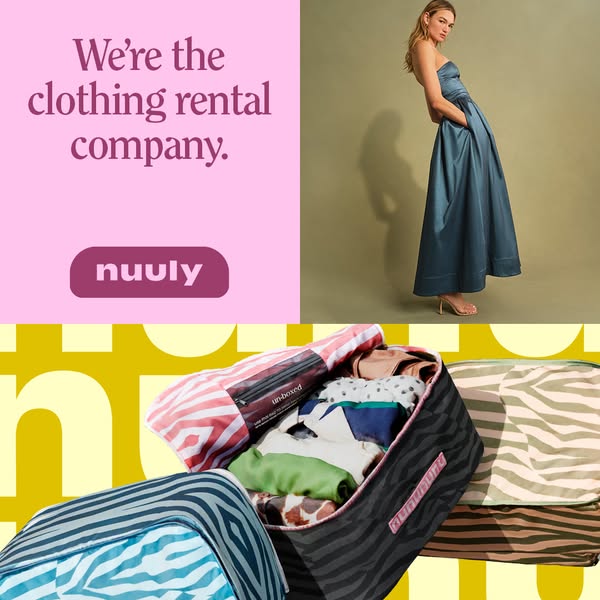 This image ad for Nuuly features a model in an elegant dress, along with a display of Nuuly rental bags. The ad aims to 